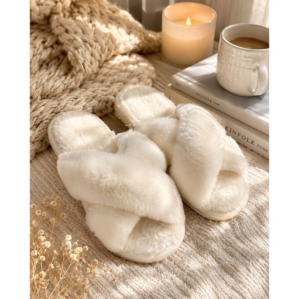 White Plush Faux Fur Cross Band Slide Slippers Women's US 9-10 Cozy Lounge Slide